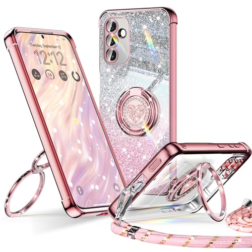 XYZ Coque pour Samsung Galaxy S26 Con Cordon, Mignonne et Luxueuse, Double Anneau Motif Cœur d'amour pour Femmes et Filles, Pailleté Souple Coque Samsung S26,Or Rose