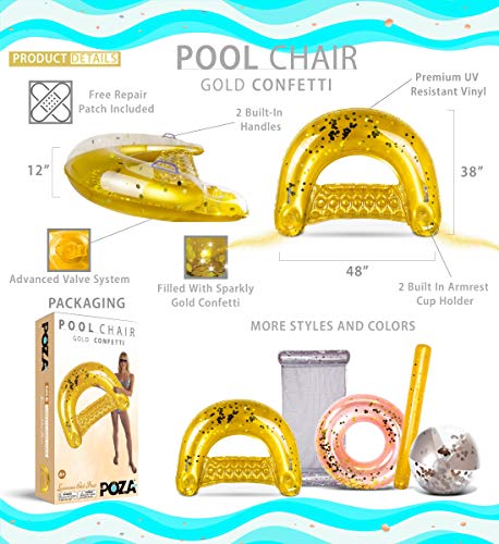 Image of POZA Inflatable Pool Float Chair - Luxurious Lounger Filled with Sparkle Confetti, 2 Built in Cup Holders & Handles, Water Floating Chair for Beach, Lake & Swimming Pool - 48 x 38 Inch