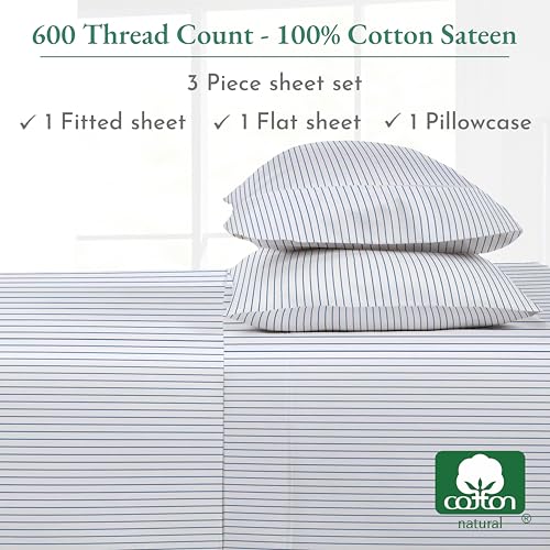 California Design Den Printed Striped Sheets Twin Size Bed Set - Luxury 600 Thread Count Sateen, Hotel Quality 100% Cotton Sheets with Deep Pockets - Classic Blue Stripe Print