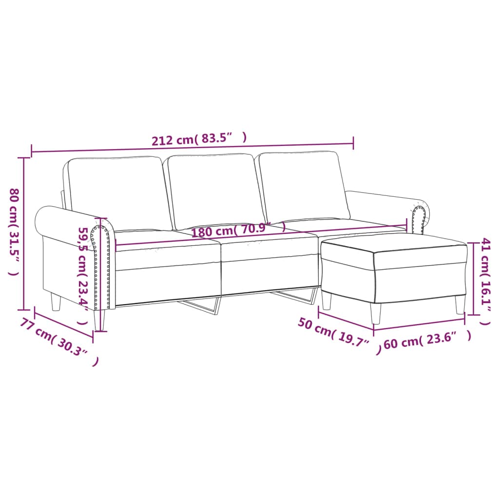 Sofa 3-osobowa z taboretem, kremowa, 180 cm aksamitu, wytrzymała metalowa rama, przytulna, do salonu, nowoczesne wzornictwo