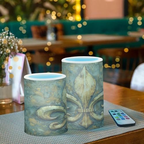 Image of ALAZA Vintage Fleur De Lis Flickering Flameless Candles Battery Operated with Remote Timer,Tea Light Candles LED Pillar Votive Candles Set of 2 for Outdoor Indoor Decorations