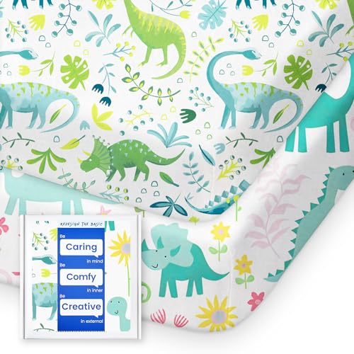 Image of TotBasic Dinosaur Pack N Play Sheets Fitted, Ultra Soft Mini Crib Sheets for Boy, Premium Jersey Knit Pack and Play Sheets, Stretchy Neutral Play Yard Sheets for Pack and Play Mattress, 2 Pack
