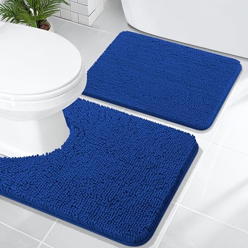 Image of OLANLY Bathroom Rugs Sets 2 Piece, Soft Absorbent Chenille Bath Mats and U-Shaped Contour Toilet Mat Area Rug Set, Machine Washable Bath Carpet, Home Decor Accessories(24 inchx16 inch+24 inchx20 inch, Royal Blue)