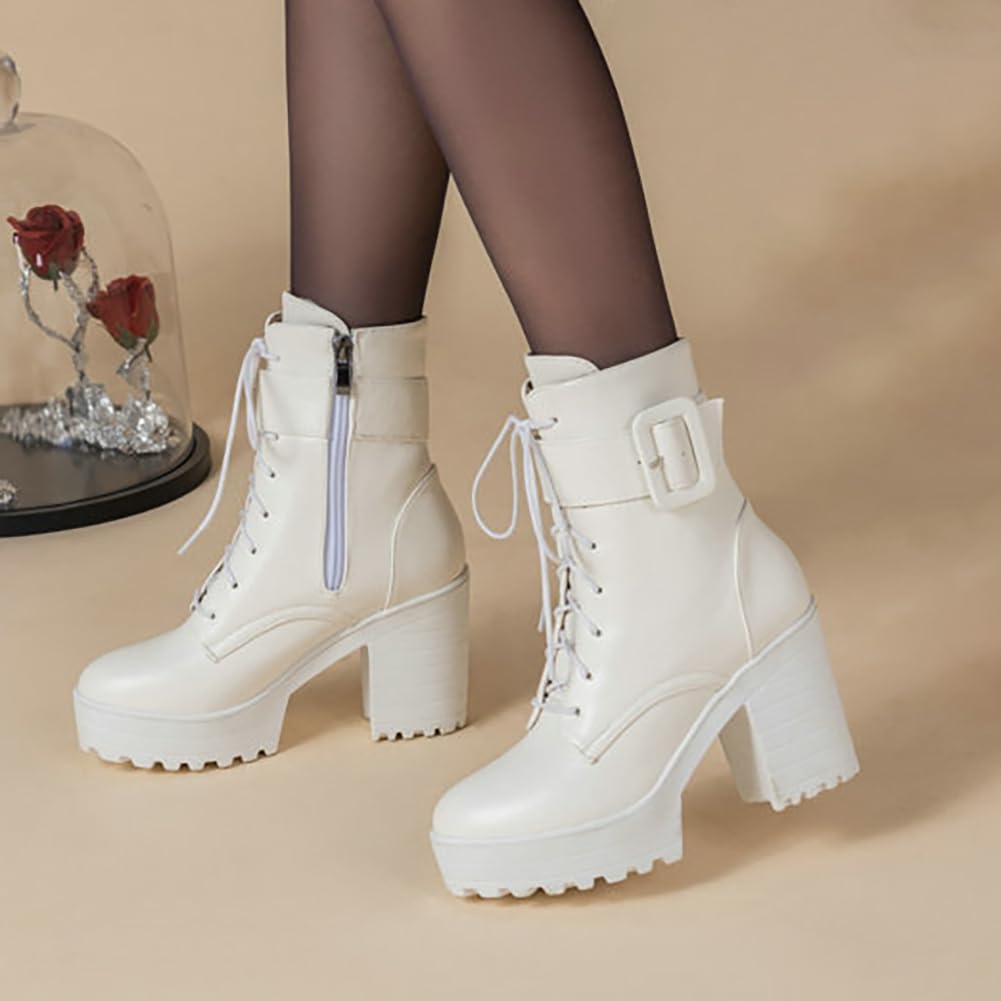 Mujer Botines Militares con Tacón Ancho Plataforma con Cordones Punta Redonda Punk Gótico Botas De Combate con Cremallera