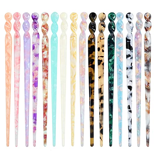 16 PCS Acetate Hair Sticks Vintage Hair Chopsticks Retro Leopard Print Tortoise Shell Hairpin Chopsticks Hair Pins Hair Forks Disk Thin Thick Hair Diy Accessory for Women Bun Hairstyles (7 inch)