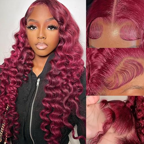 ELFSECRET 30 Inch Burgundy Loose Wave Lace Front Wig Human