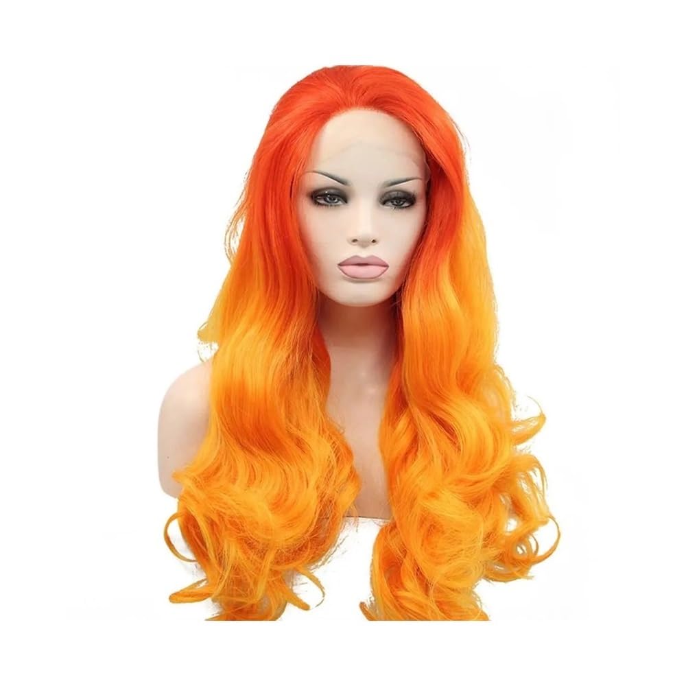 Parrucche frontali in pizzo sintetico con onda del corpo, 24 pollici, rosso-arancio, 2 toni, cosplay, parrucche in fibra resistente al calore