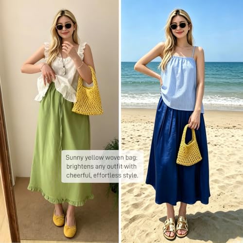Image of Mini Clutch Handbag Fishing Net Bucket Bag Cotton Rope Crochet Drawstring Woven Beach Bag Small Tote for Women Girls