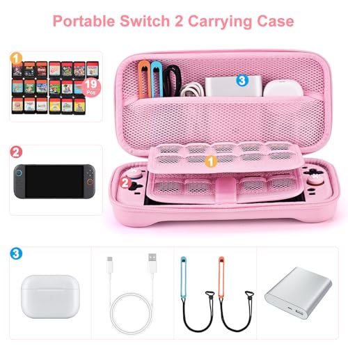Younik Switch 2 Accessories Bundle, 15 in 1 Pink Switch 2 Accessories Kit for Girls Include Carrying Case, Shoulder Strap, Wrist Strap & Stickers, Protective Case for Switch Console & J-Con by Younik - Image 2