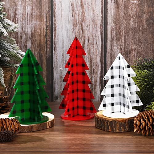 3 Pcs Acrylic Christmas Tree Tabletop Decor Xmas Buffalo Plaid Tiered Tray Decor Red Green 3D Reversible Rustic Xmas Tree Table Centerpieces For Christmas Holiday Party Diy Craft Decorations #TOP5