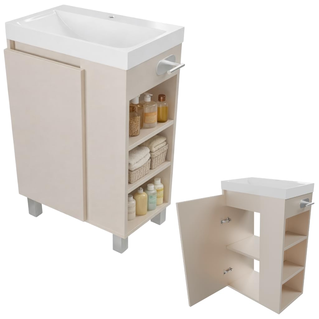 Szafka pod umywalkę SEVA z szafką dolną, szerokość 46 cm, wolnostojąca lub wisząca, zestaw mebli łazienkowych, szafka pod umywalkę z uchwytem na papier toaletowy - kaszmir, beż