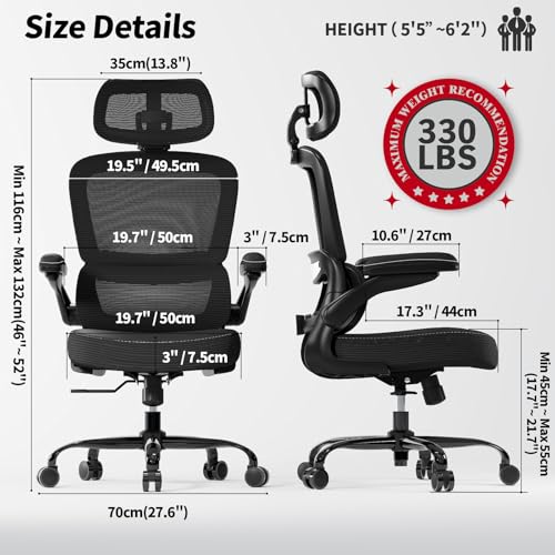Image of TRALT Ergonomic Office Chair - Desk Chair with Adjustable Headrest Lumbar Support Computer Chair - Mesh Comfy Chair with Flip-up Armrests - Gaming Chair for Adults Home Office PU, Black, Pack of 3