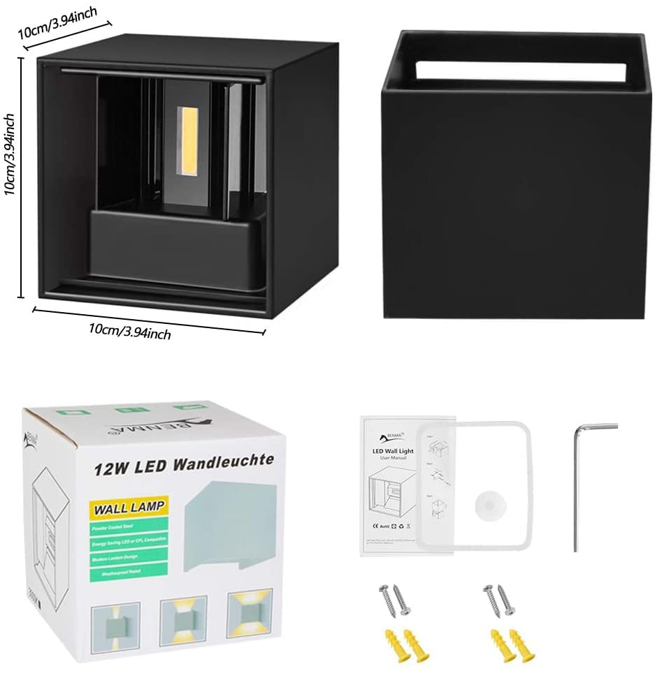 Klighten Led-wandlamp, 2 stuks, voor binnen, 7 W, voor buiten, op en neer instelbare lichtstraal, 3000 K, warmwit, buitenwandlamp, IP65 waterdicht, zwart