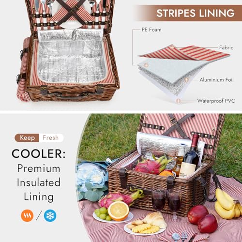 Image of Picnic Basket Set for 2 Persons with Cooler and Waterproof Picnic Blanket, Classical Wicker Picnic Baskets with Waterproof & Sand-Proof Beach Mat,Willow Hamper Service Gift Set