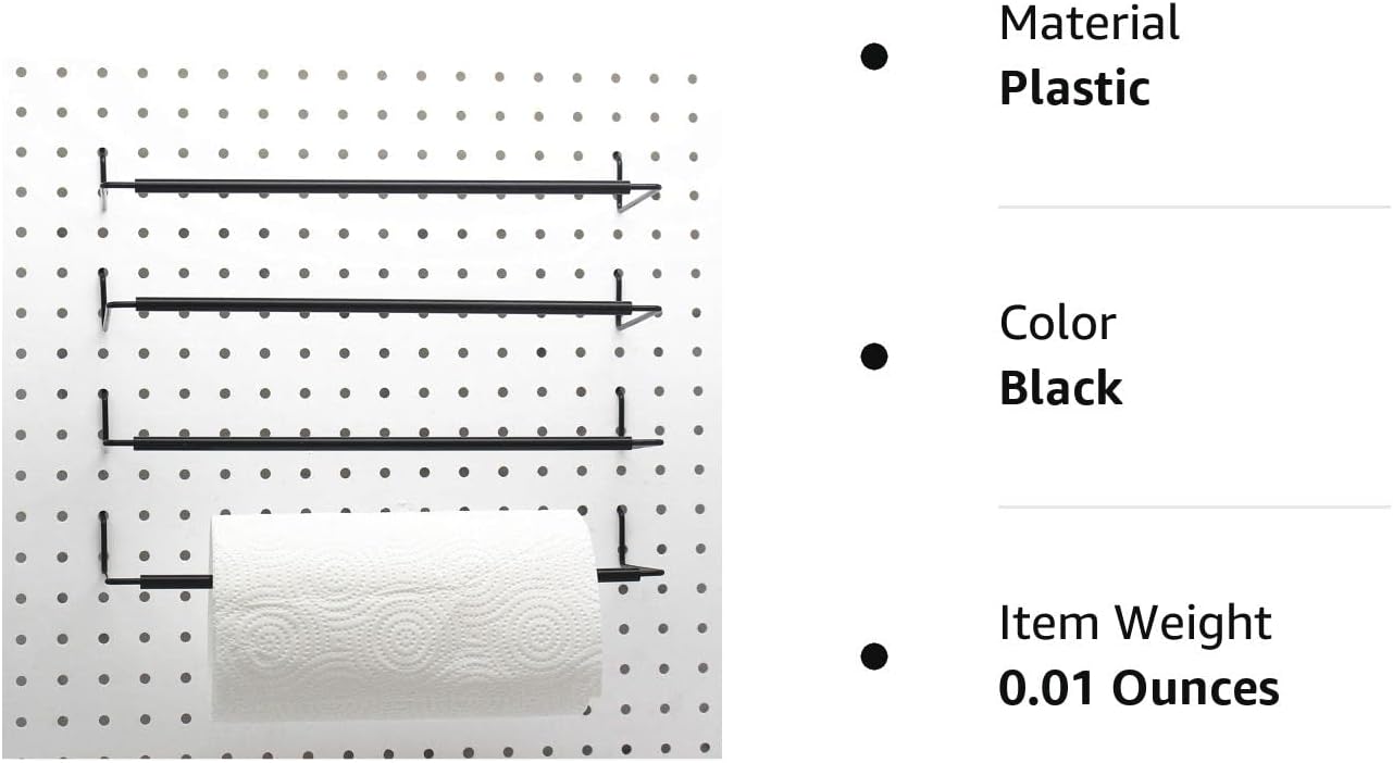 Paper Towel Holder for Pegboard, Extendable, Fit Any Standard Pegboard, Pegboard Organization Accessory Hook for Workshop, Garage, Kitchen, Laundry Room, Bathroom 4 Packs, Black (4 PCS)
