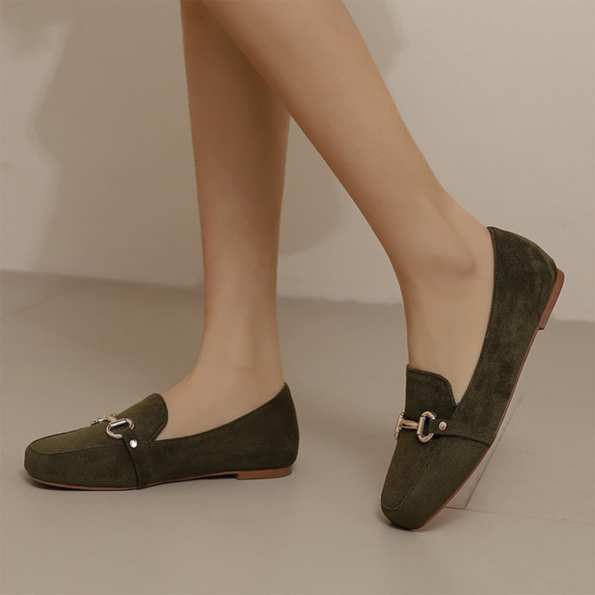 Mocasines Mujer Ante Punta Cuadrada Planos Sin Cordones