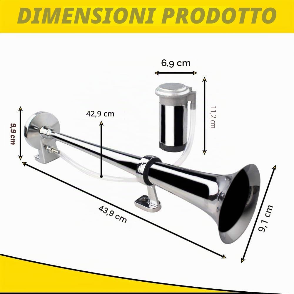 GAMPRO 12V 150dB Air Horn, 45cm Chrome Zinc Single Trumpet Air Horn con compressore per qualsiasi 12V Veicoli Camion Lorrys Treni Barche Automobili