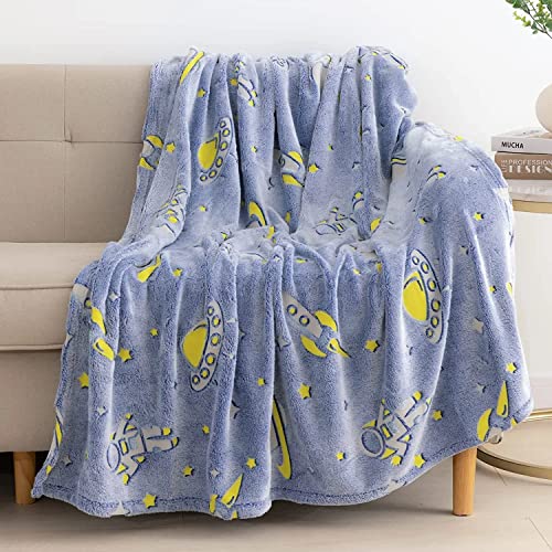 Image of Glow in The Dark Blanket Gifts for Toddler Kids Teen Girls| 80 x 70 inch / 200cm x 180cm |Bedroom Decor, Lightweight Throw Blankets|Soft Cozy Fluffy Luminous Throw Blanket - Blue Rocket