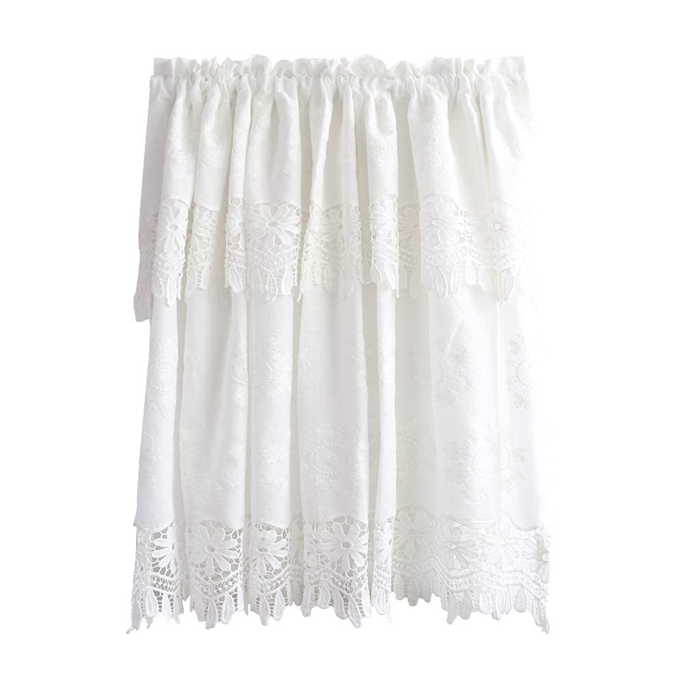 Cortina corta de cocina con encaje de ganchillo blanco puro tipo media drap valance