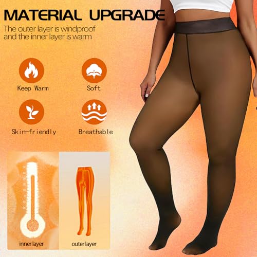 Image of 2 Pairs Plus Size Fleece Lined Tights Sheer Thermal Pantyhose leggings | Winter High Waist Warm Fake Translucent Thermal Sheer Thick Elastic Pantyhose for Womens
