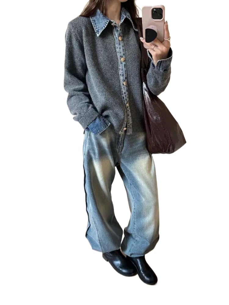 Womens Sweaters Patchwork Denim Sweater Cardigan Vintage Knit Cardigans Fall Trendy Lapel Button Up Sweaters