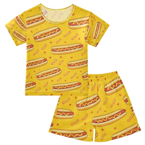 ALAZA Hotdog Yellow Pajamas Set Short Sleeve Cotton Sleepwear Summer Pjs 2 Piece 5-14Y