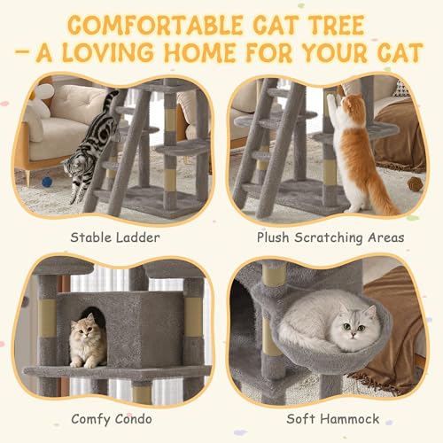 Image of Large Cat Tree, XL Multi-Level Cat Tower for Small & Large Cats with 2 Condos, 3 Perches & Hanging Hammock, Soft Plush Natural Sisal Scratching Posts, Stable for Multi-cat Families (Gray)