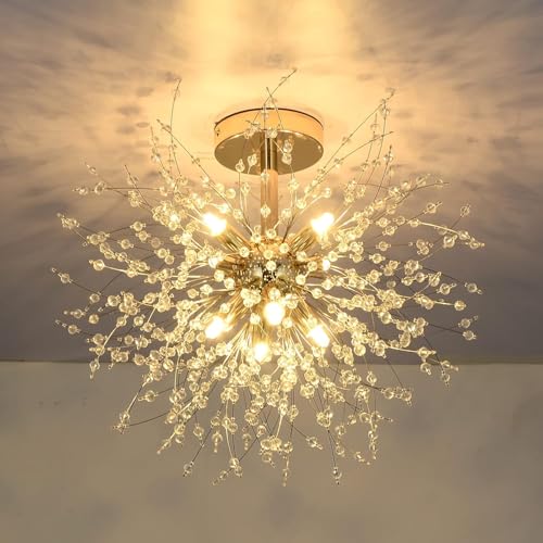 Rayofly Lámpara de Techo de Cristal Moderna, Lámpara de Fuegos artificiales, Luces de techo Doradas, Luz Colgante Regulable, 8 G9,Lámpara para Sala de Estar, Dormitorio, Comedor, Cocina, Pasillo
