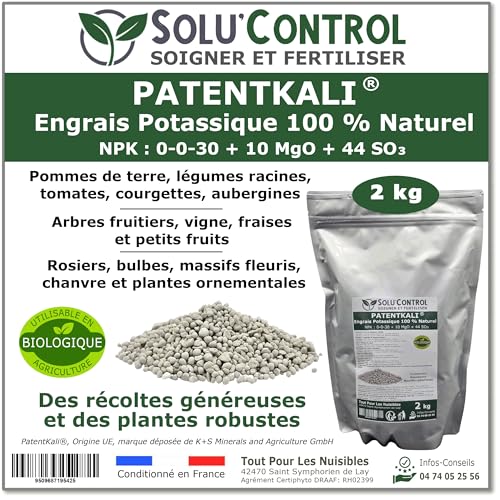 2 kg de PatentKali® SOLU’CONTROL – Engrais Potassique 100% Naturel – NPK 0-0-30 + Magnésium (MgO 10%) et Soufre (SO₃ 44%) – Plantes, Potager, Fruits, Fleurs – Utilisable en Agriculture Biologique