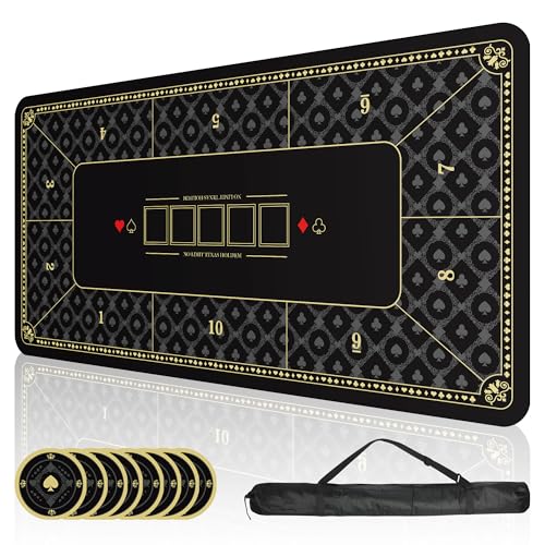 ORIENGEAR Poker Mat 70x35 Inch 10 Player Non-Slip Rubber Base Poker Table Topper with Carry Bag Professional Blackjack Table Top for Texas Holdem & Home Casino Game Nights Black