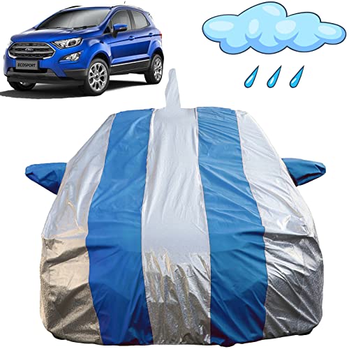 Image of Autofact Waterproof Car Body Cover Compatible with Ford Ecosport (2013 to 2021) with Mirror and Antenna Pockets (Blue Stripes with Shinning Silver Fabric /Waterproof Cover)