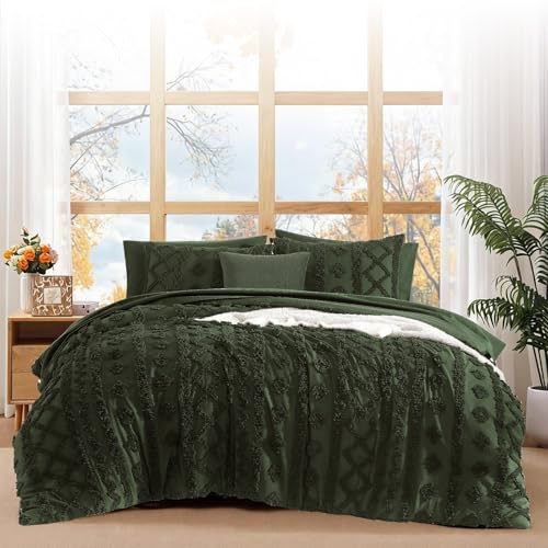 Image of King Size Comforter Set- 7 Pieces Tufted Bed in a Bag King Bedding Sets | All Season Shabby Chic Boho Bedding with Comforter, Sheets, Pillowcases & Shams, Dark Green