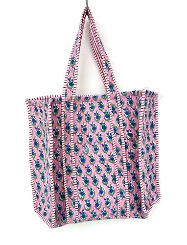 Image of Quilted Cotton Handprinted Reversible Large multicolor Floral Tote Bag,Hand Block Print Shopping Shoulder Carry Bag