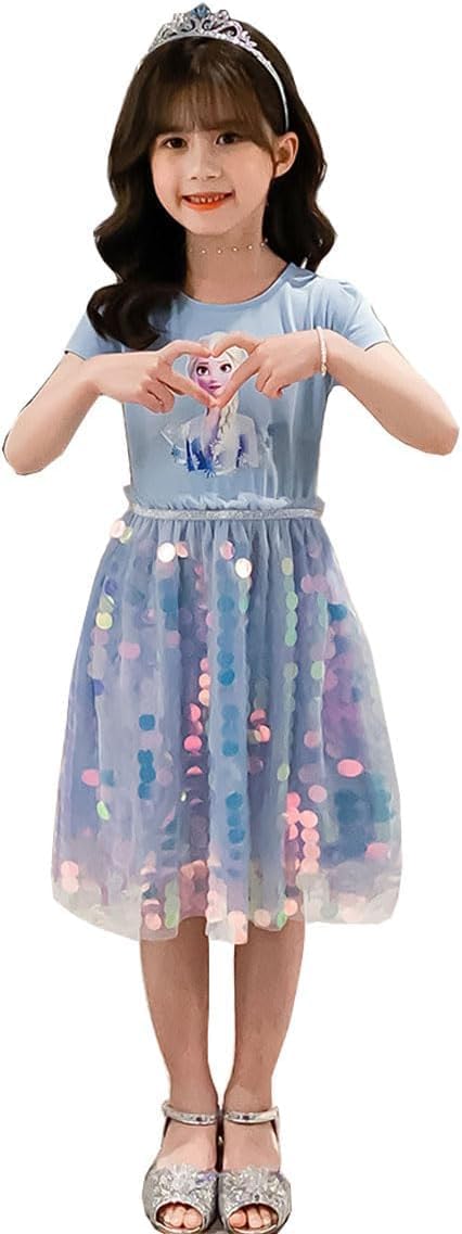 Renholin Elsa Dresses Shine Summer Dress Short Sleeve Frozen Frozen Princess Ice Princess Costume Girls Kids Party Skirt