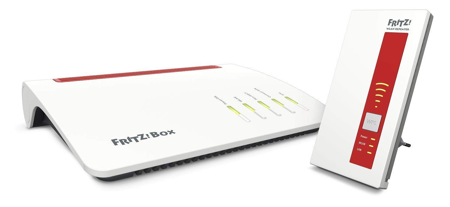 AVM FRITZ! Mesh Set (FRITZ!Box 7590 und WLAN Repeater 1750E, Dual-WLAN AC bis 1.733 MBit/s (5 GHz) und N bis 800 MBit/s (2,4 GHz), bis 300 Mbit/s durch VDSL-Supervectoring 35b, deutschspr. Version)