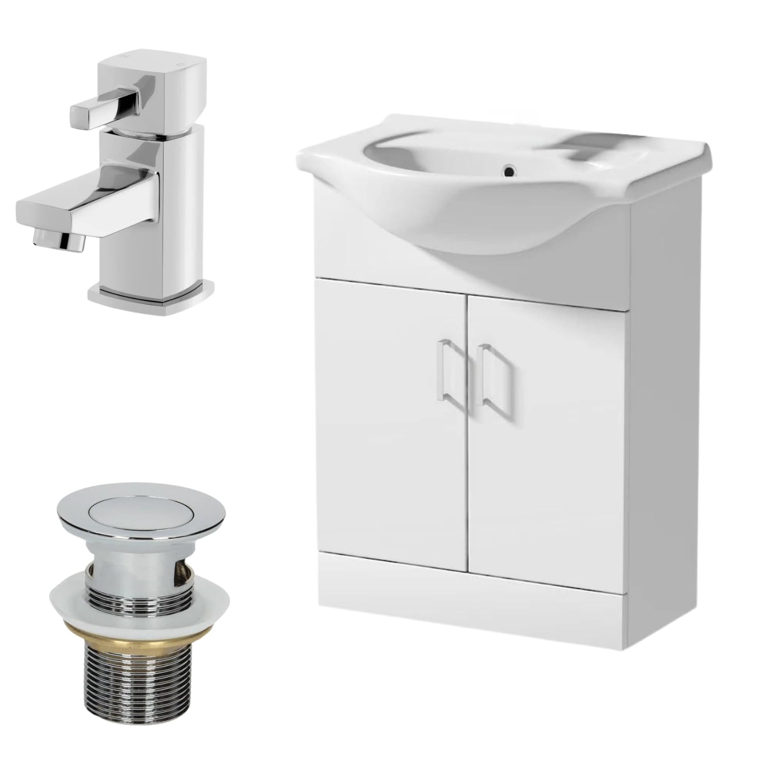 Affine® 650mm Bathroom Vanity Unit Ceramic Sink Floorstanding Storage Cabinet Cupboard & Misa Basin Tap & Waste Set, White Gloss — image 1