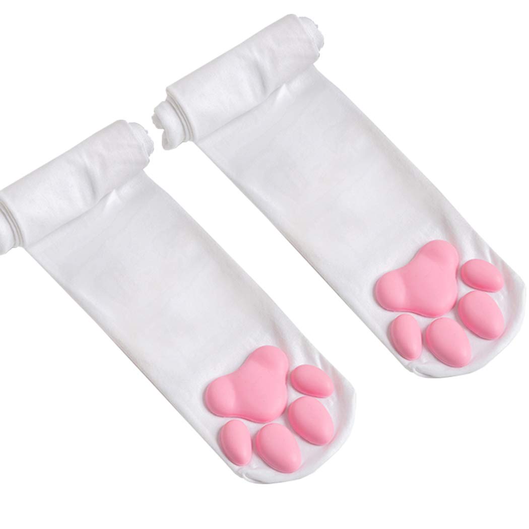 Cat Paw Thigh High Socks, Cute Soft 3D Kitten Paw Pad Claw Toe Beans Stockings for Girls - White Socks
