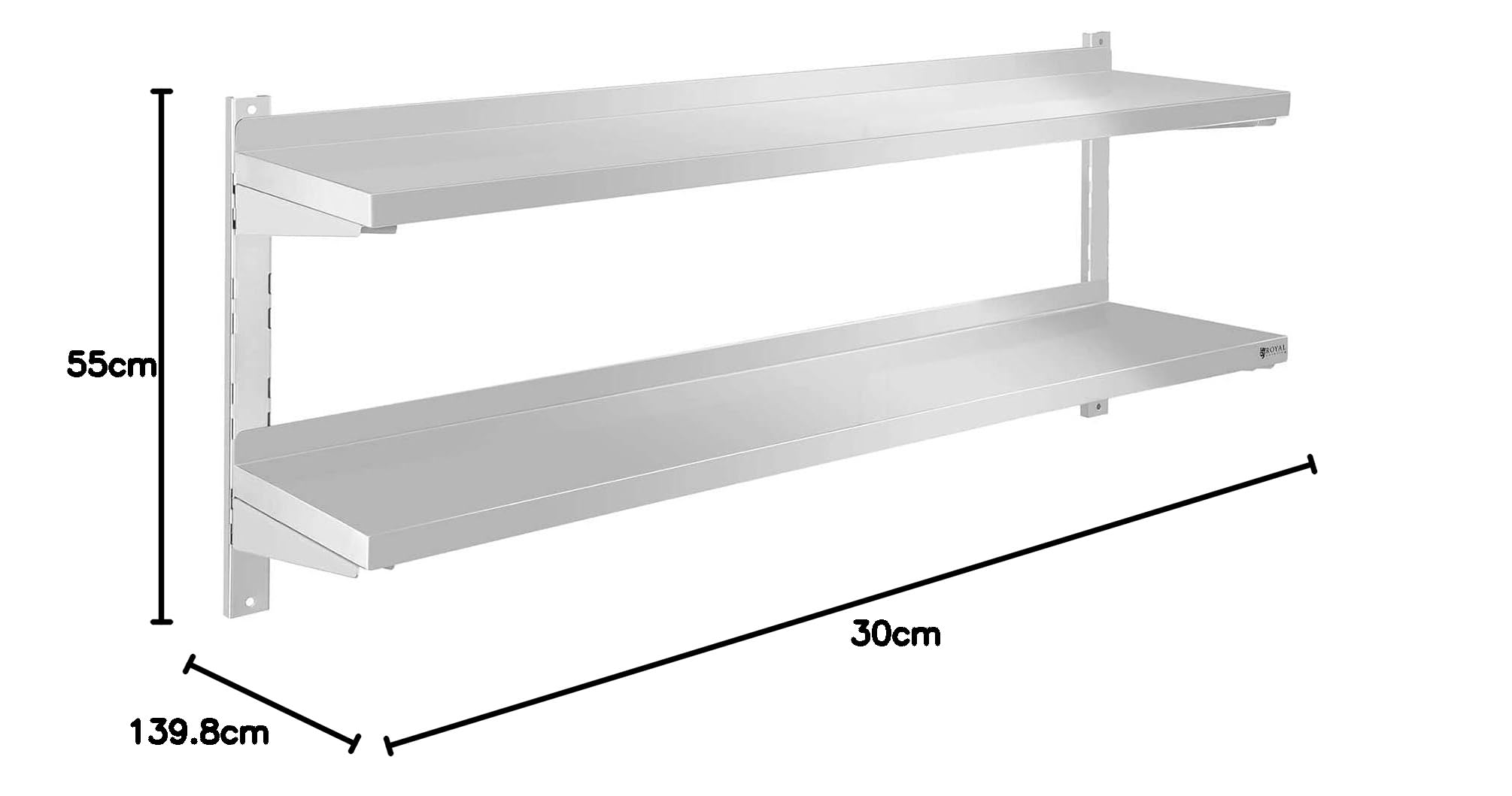 Royal Catering RCWR-140.2 Wandregal Edelstahl Zwei Ablagen 140 x 30 cm à 3,5 cm Stärke 70 kg Traglast Edelstahlregal für Küche Küchenregal Edelstahl Regal Gastro