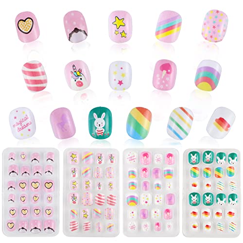 96 Piezas Prensa en Uñas Postizas para Niñas, 4 Cajas Uñas de Gel Postizas Puntas de Uñas Postizas, Uñas Acrilicas Postizass para Niñas(Color 1)