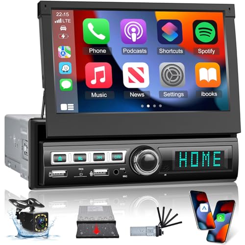 Radio Pantalla Extraible para Coche 1 DIN con Carplay y Android Auto - Radio 1 DIN con Pantalla Táctil Abatible de 7 Pulgadas con Mirror Link, Radio FM, Entrada AUX/SD/USB + Cámara de Marcha Atrás