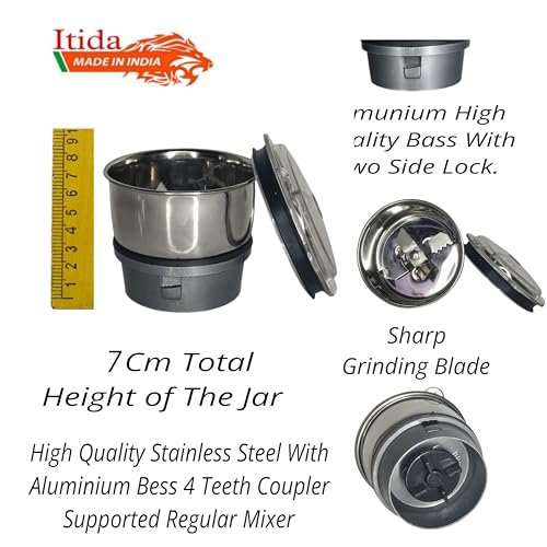 Image of Itida 200ml & 400ml chutney jar for mixer grinders, stainless steel, rust-proof sharp blades, fits 2 lock & 4 teeth coupler, durable & leak-proof design