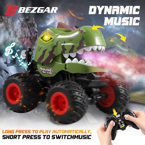 Image of BEZGAR Monster Truck Toys - Remote Control Monster Truck with Spray, Light, Music, Dinosaur Toys for Kids, 1:20 Scale RC Truck with 360 Spins and Drifting, Remote Control Car for Boys 4-7 Camo Green