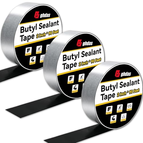 Image of Bghdas - 3 Pack Butyl Sealant Tape 2 inch X 90' - Double Sided - Black Vapor Barrier Butyl Tape for Wall of Crawl Space, Rv Windows, Deck Boat, Crawlspace (Waterproof, Weatherproof)
