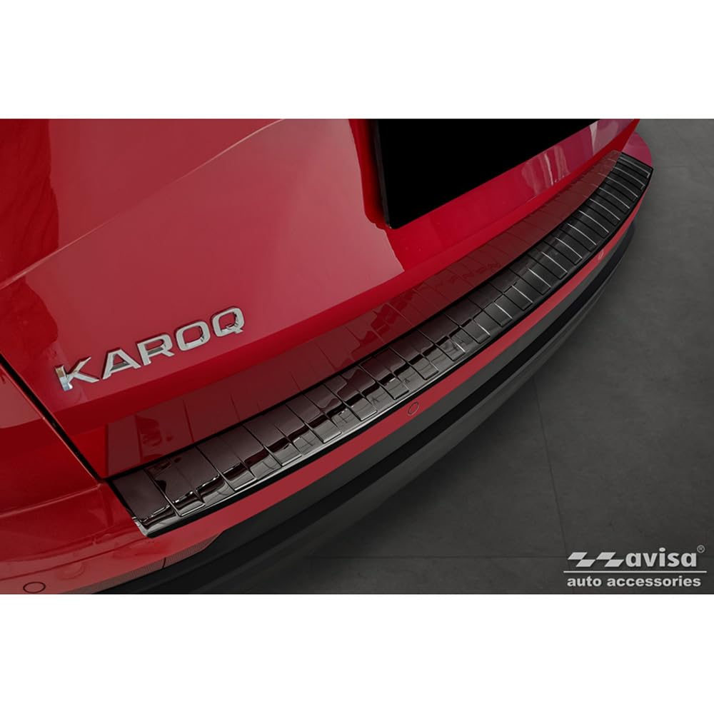 Avisa Protector del Parachoques Trasero INOX Negro Reflectante Compatible con Skoda Karoq Facelift Incl. Sportline 2022- 'Ribs'