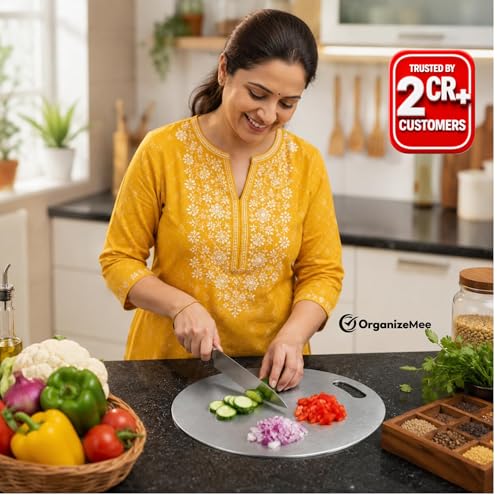 Image of OrganizeMee Stainless Steel Chopping Board (Round, 31cm) - Heavy Duty Metal Cutting Board for Kitchen - Hygienic, Dishwasher Safe & Durable (1.5mm Thick)