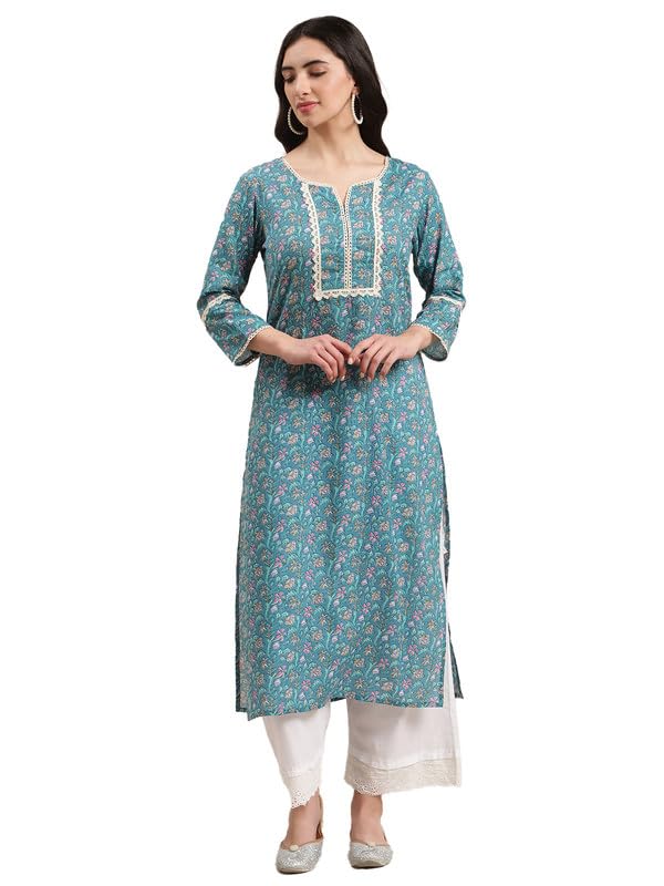 Varanga Women Blue Floral Printed Lace Embellished Kurta With 3/4Th Sleeves, Elegant Kurti For Casual & Festive Occasions (Medium)