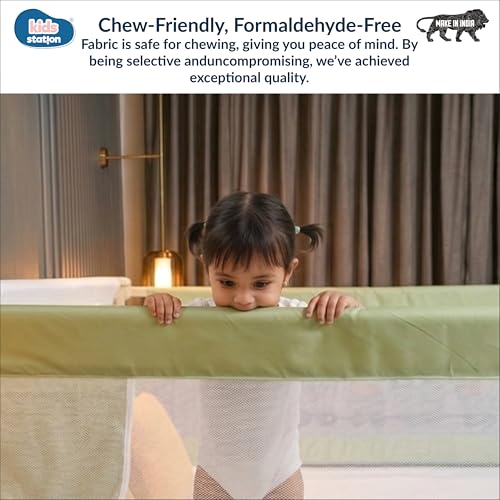 Image of Kids Station 1 Side with Pocket Bed Rail Guard (5ft x 2.6ft / 150cm x 80cm), Bed Railing for Baby Safety, Kids Toddler Bed Protector Side Walls, Adjustable Height, Portable & Foldable (Green)