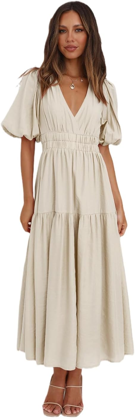 Women's Summer Casual Long Dresses Deep V Neck Short Sleeve Maxi Dress Club Party Wedding Beach Dress