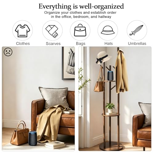 JIANXINGHOOM 360° Rotating Wooden Coat Rack Freestanding, 9 Hooks & 3 Storage Shelves Entryway Coat Tree, Walnut Wood Garment Stand for Hat, Scarf, Handbag, Bedroom Hallway Home Organizer — view 4