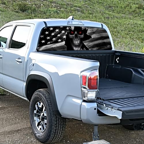 Image of Skull American Flag Rear Window Decal for Truck,Black Flag Skull Truck Rear Window Decal,American Flag Decals for Truck Car SUV (Skull,65x17in)
